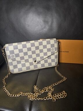 White/Gray Checkered Canvas Envelope Bag/ Wallet with Gold Chain